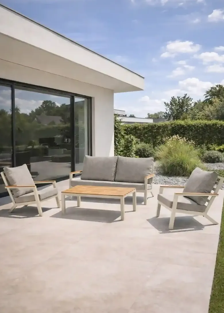 Salon de jardin 5 pl en alu et plateau composite - grège