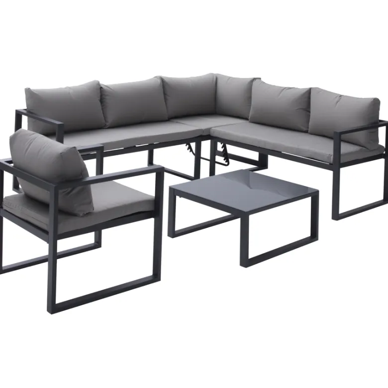 Salon modulable ibiza, 7 places, tissu gris, alu anthracite