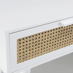 Sandro - console blanche 2 tiroirs cannage naturel et bois blanc