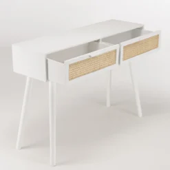 Sandro - console blanche 2 tiroirs cannage naturel et bois blanc