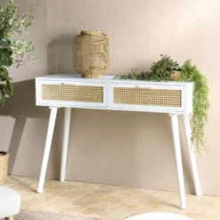 Sandro - console blanche 2 tiroirs cannage naturel et bois blanc