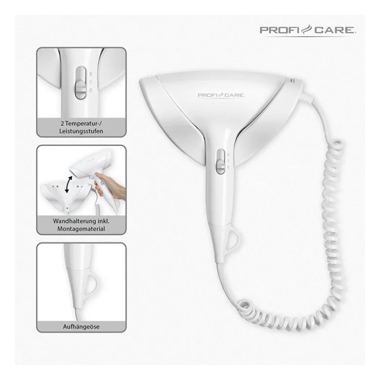 Sèche-cheveux mural compact 1800w proficare pc-ht 3044 blanc