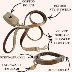 Set pour chien en tweed marron: collier réglable, laisse, porte-sacs taille m