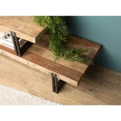 Sixtine - meuble tv marron 2 niveaux bois teck recyclé et métal noir