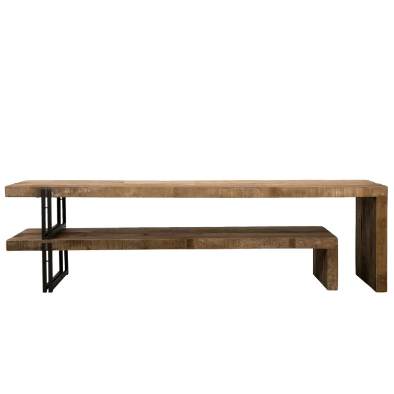 Sixtine - meuble tv marron 2 niveaux bois teck recyclé et métal noir