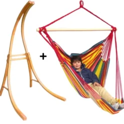 Support bois mélèze avec hamac chaise géant rouge