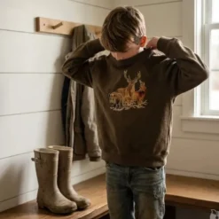 Sweat enfant grands animaux coton polyester kaki 6 à 14 ans