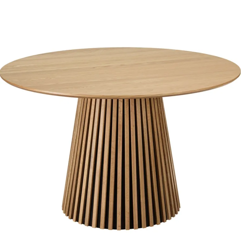 Sya - table à manger ronde d120 décor et chêne naturel pied à motif strié