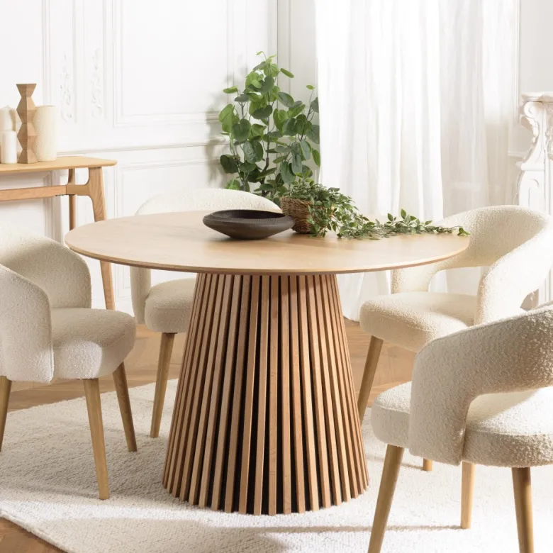 Sya - table à manger ronde d120 décor et chêne naturel pied à motif strié