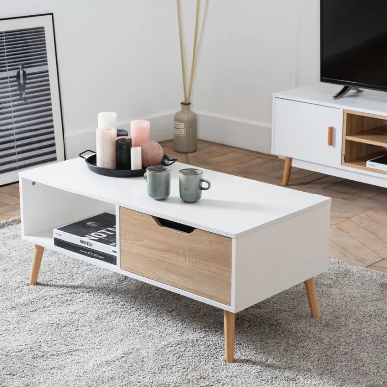 Table basse avec tiroir style scandinave blanche freja