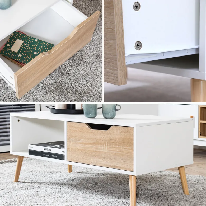 Table basse avec tiroir style scandinave blanche freja