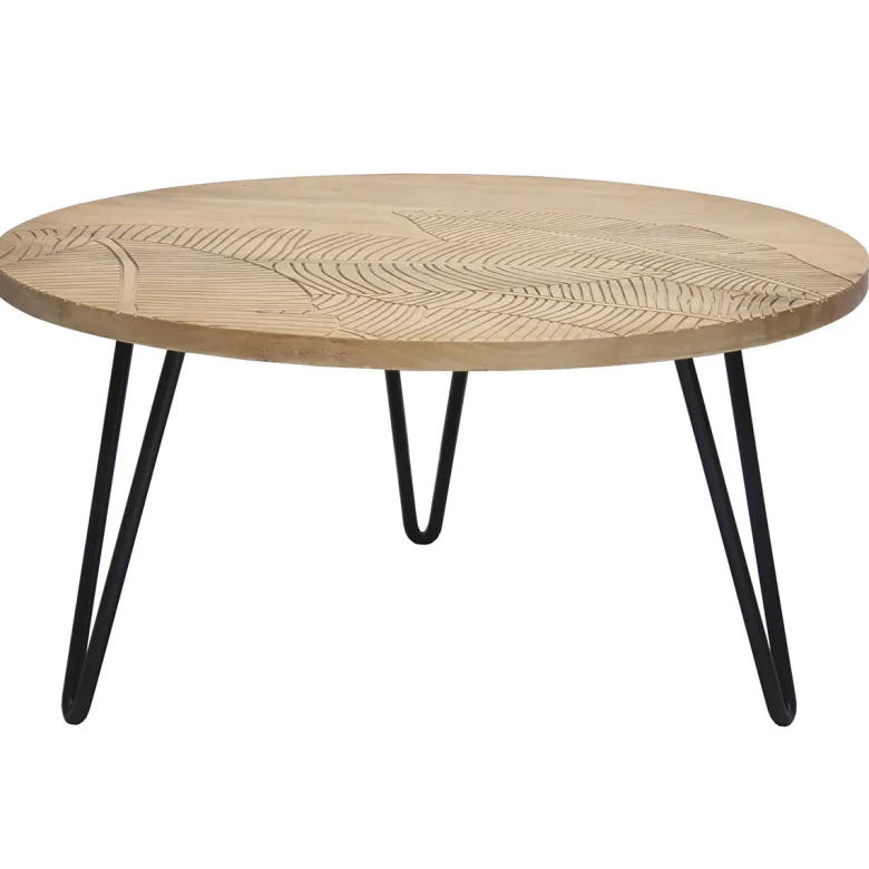 Table basse ronde gravée bois manguier massif et métal noir d80 cm vibes