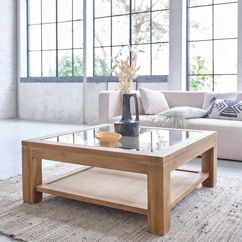 Table basse vitrée en bois de teck
