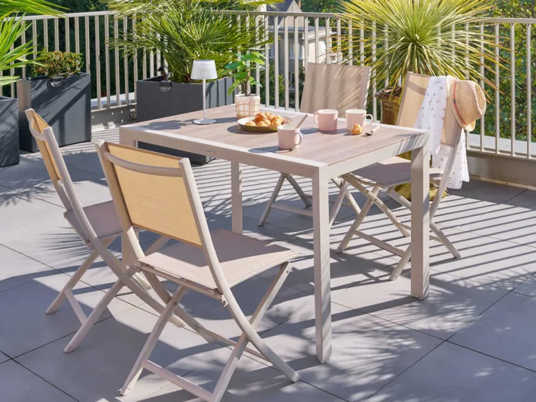 Table de jardin rectangulaire alu evasion 4 places effet bois lin et argile - he