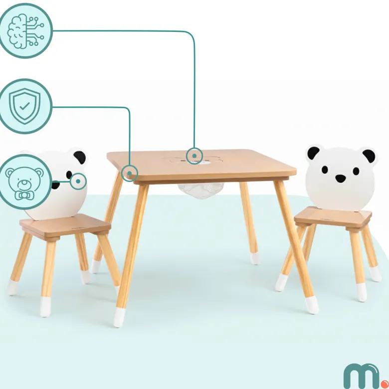 Table et 2 chaises enfant, espace de travail & jeux avec un panier de rangement