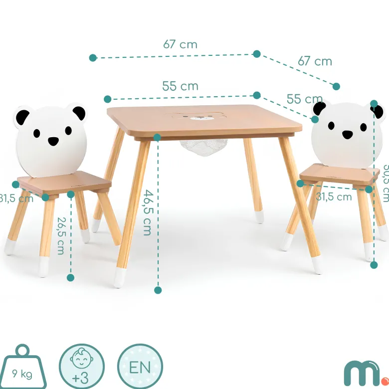 Table et 2 chaises enfant, espace de travail & jeux avec un panier de rangement