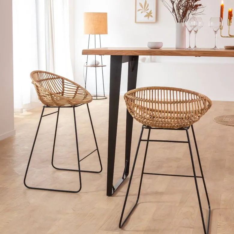 Tabouret de bar rond en rotin et métal