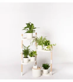 Étagère modulaire pour plantes blanche à 4 plateaux et irrigation automatique
