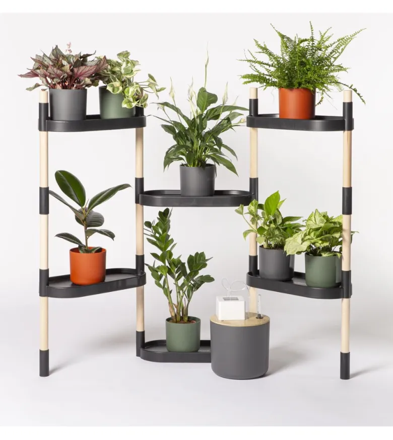 Étagère modulaire pour plantes noire à 6 plateaux et arrosage automatique