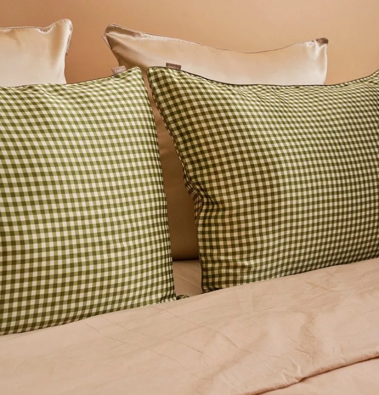 Taie d'oreiller en soie vichy vert 51x76
