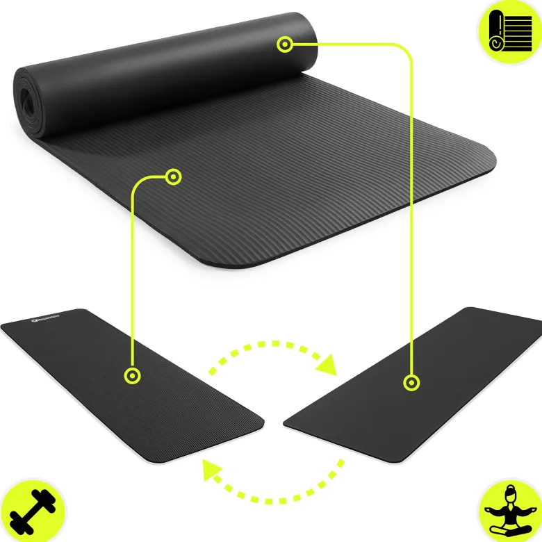 Tapis de yoga et fitness hypermotion nbr 183x61x0,8 cm noir avec sangle