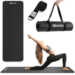Tapis de yoga et fitness hypermotion nbr 183x61x0,8 cm noir avec sangle