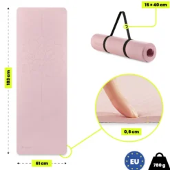 Tapis yoga fitness hypermotion lotos tpe 6 mm 183x61 cm rose avec sangle