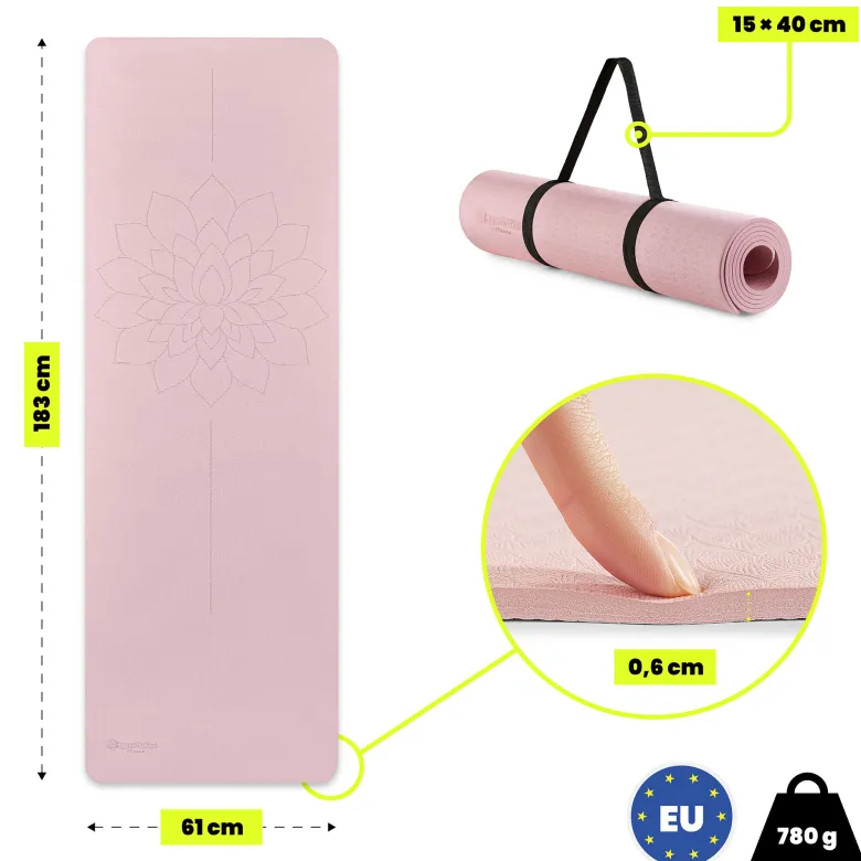 Tapis yoga fitness hypermotion lotos tpe 6 mm 183x61 cm rose avec sangle