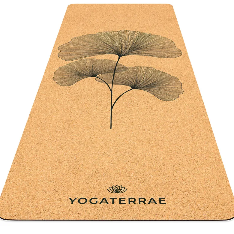 Tapis yoga liège ginkgo biloba + sangle