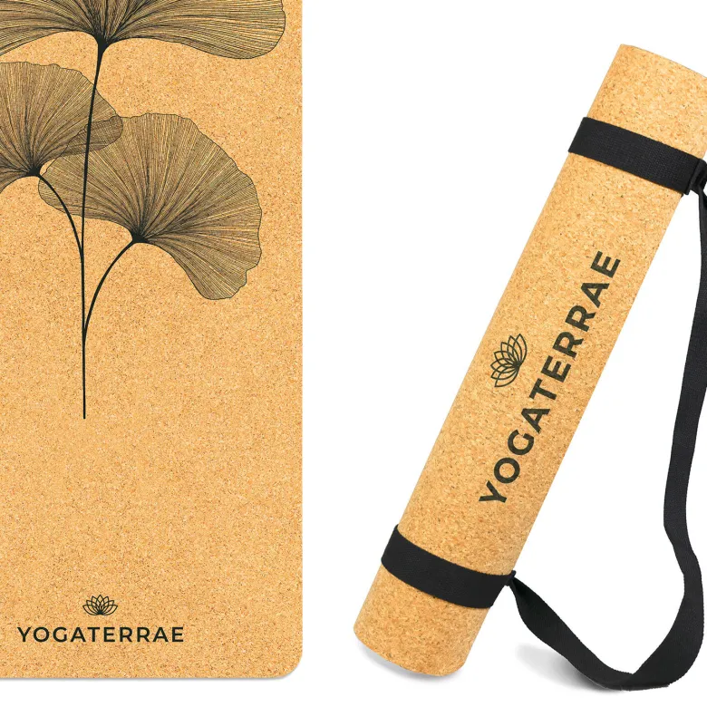 Tapis yoga liège ginkgo biloba + sangle