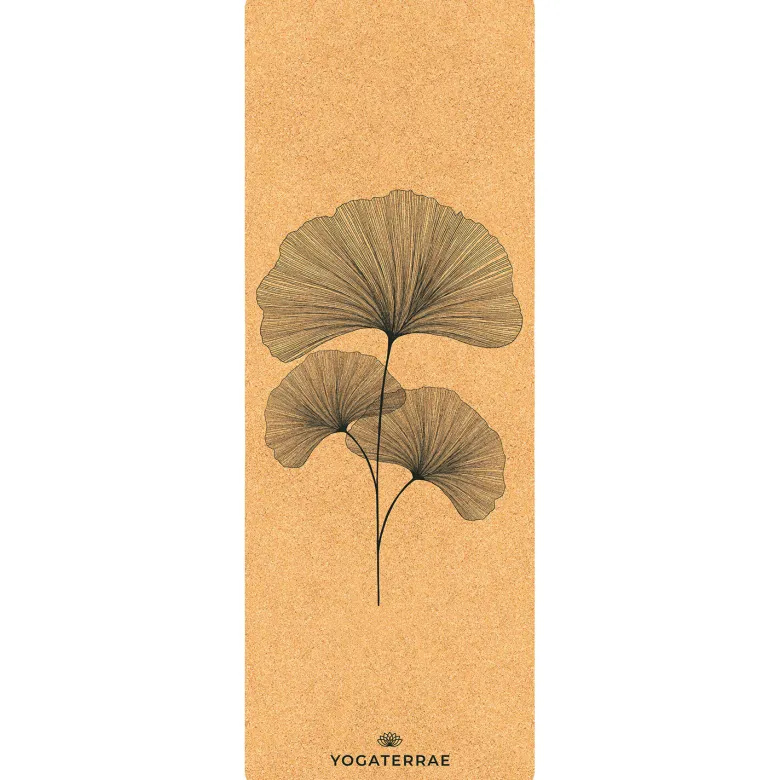 Tapis yoga liège ginkgo biloba + sangle