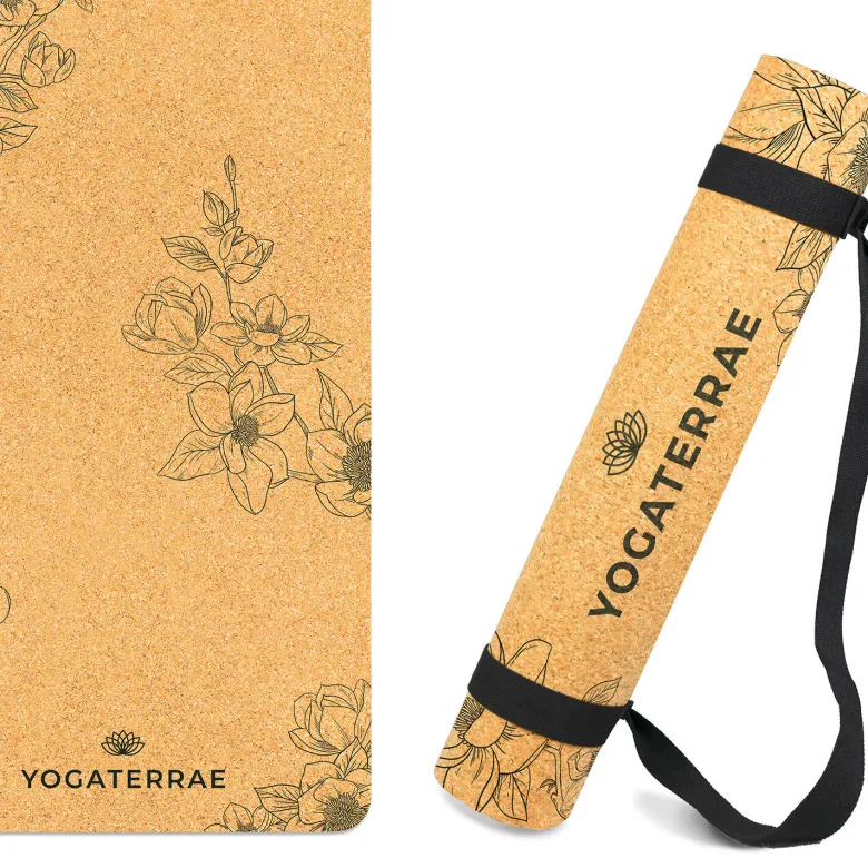 Tapis yoga liège magnolias + sangle, sac