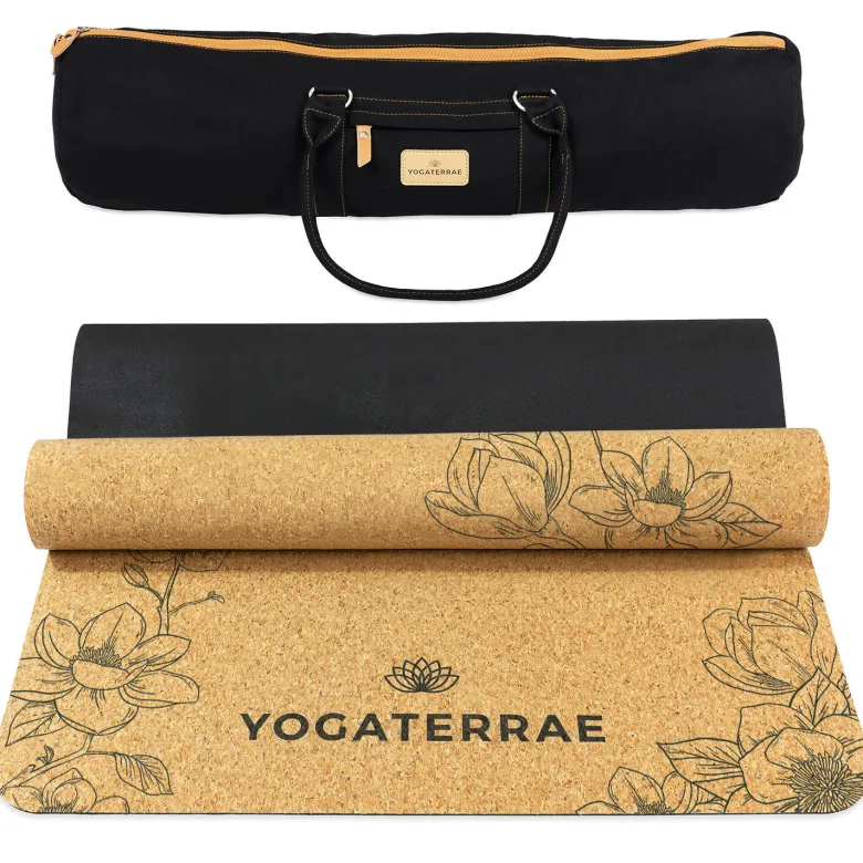 Tapis yoga liège magnolias + sangle, sac