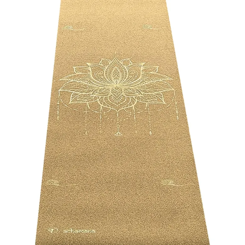 Tapis yoga voyage liège fleur lotus or