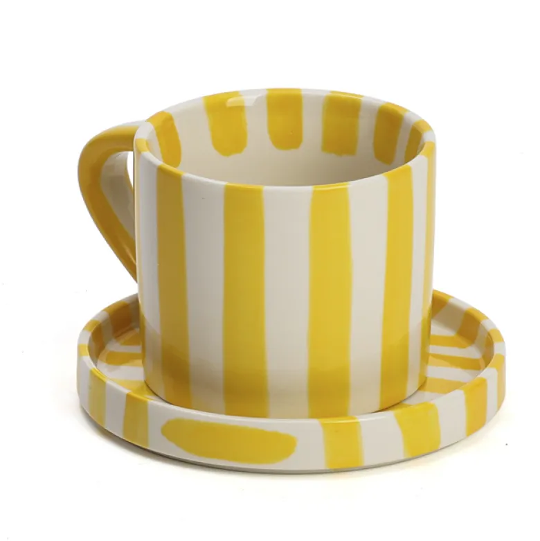 Tasse en céramique rayée avec soucoupe 350 ml Jaune