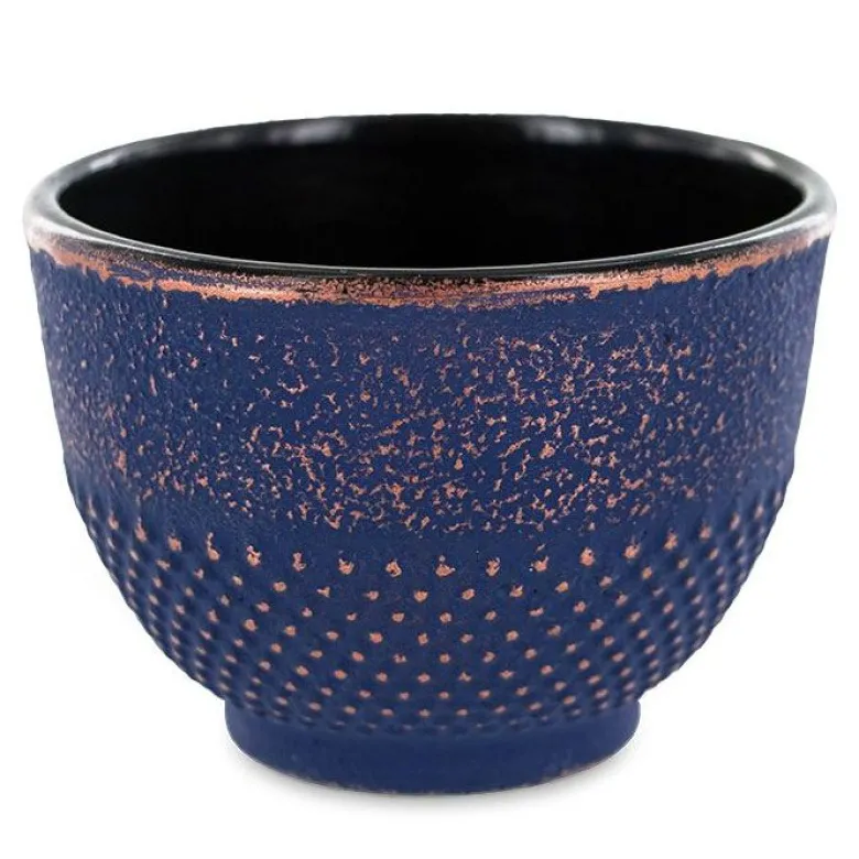 Tasse à thé en fonte bleue et dorée émaillée artisanale
