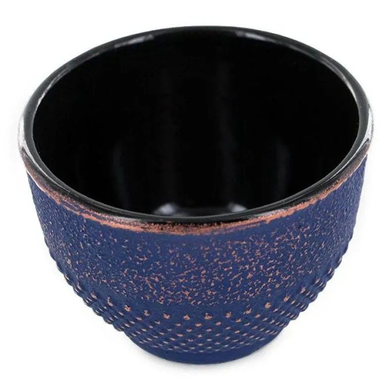 Tasse à thé en fonte bleue et dorée émaillée artisanale