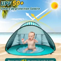 Tente de plage pour bébé avec mini piscine en polyester bleu