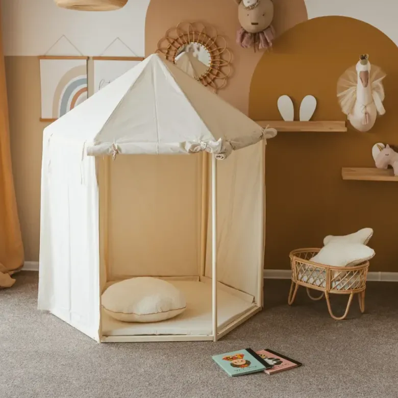 Tente d'intérieur pavillon avec tapis pour enfant en tissu beige