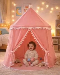 Tente enfant château de fée avec tapis rose