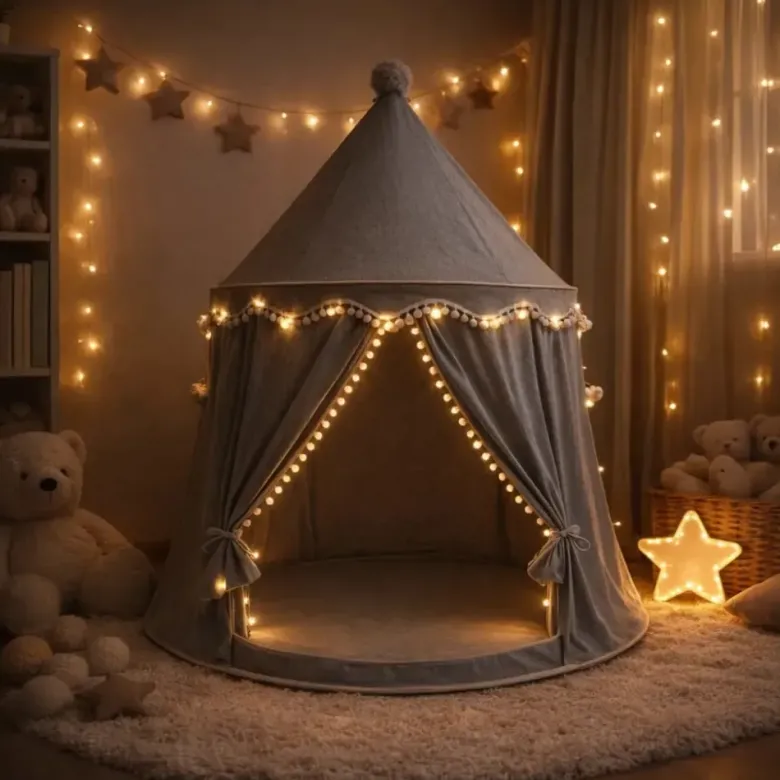 Tente enfant château de fée avec tapis gris