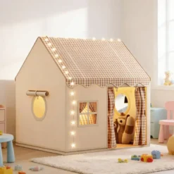 Tente maison avec guirlande pour enfant en polyester beige
