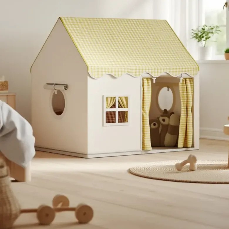 Tente maison avec guirlande pour enfant en polyester jaune