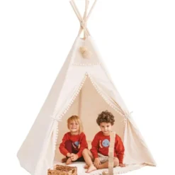 Tente tipi extra-large pour enfants avec décoration pompons sans tapis beige