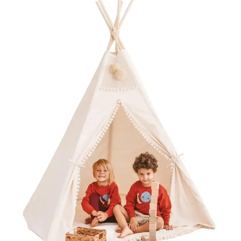 Tente tipi extra-large pour enfants avec décoration pompons sans tapis beige