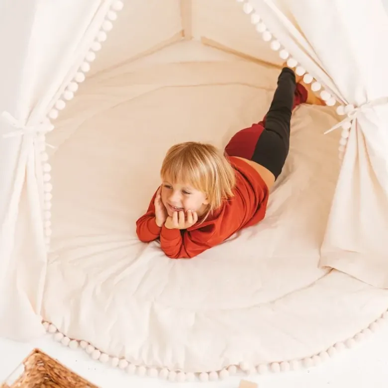 Tente tipi extra-large pour enfants avec décoration pompons sans tapis beige