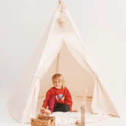 Tente tipi extra-large pour enfants avec décoration pompons sans tapis beige