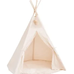 Tente tipi extra-large pour enfants avec décoration pompons sans tapis beige