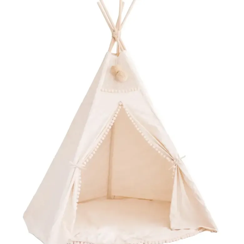Tente tipi extra-large pour enfants avec décoration pompons sans tapis beige