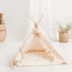 Tente tipi pour chats chiens et lapins avec tapis en fausse fourrure medium ecru